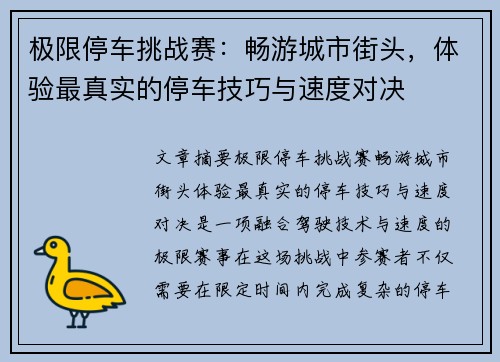极限停车挑战赛：畅游城市街头，体验最真实的停车技巧与速度对决